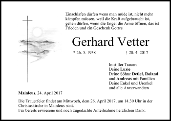 Anzeige von Gerhard Vetter von MGO