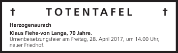 Anzeige von Totentafel vom 25.04.2017 von MGO