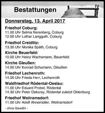 Anzeige von Bestattungen vom 13.04.2017 von MGO