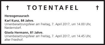 Anzeige von Totentafel vom 01.04.2017 von MGO