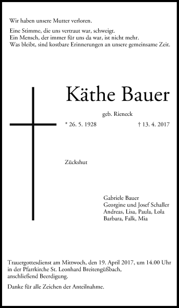 Anzeige von Käthe Bauer von MGO