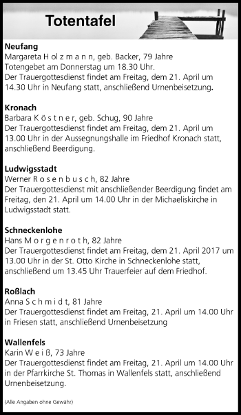 Anzeige von Totentafel vom 20.04.2017 von MGO