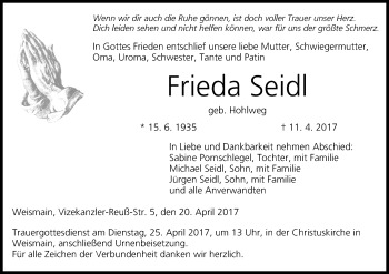 Anzeige von Frieda Seidl von MGO