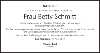 Anzeige von Betty Schmitt von MGO