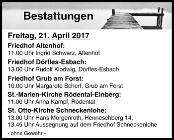 Anzeige von Bestattungen vom 21.04.2017 von MGO