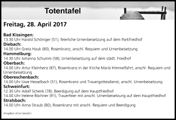 Anzeige von Totentafel vom 28.04.2017 von MGO