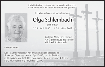 Anzeige von Olga Schlembach von MGO