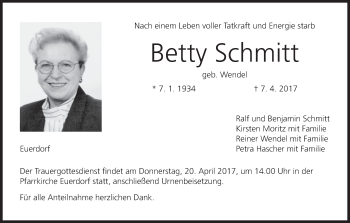 Anzeige von Betty Schmitt von MGO