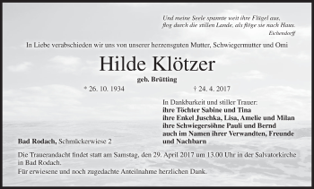Anzeige von Hilde Klötzer von MGO
