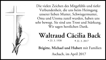 Anzeige von Waltraud Cäcilia Back von MGO