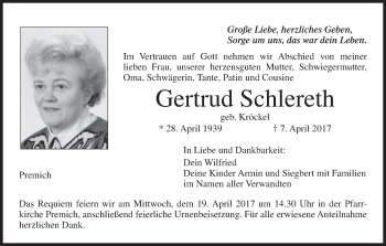 Anzeige von Gertrud Schlereth von MGO