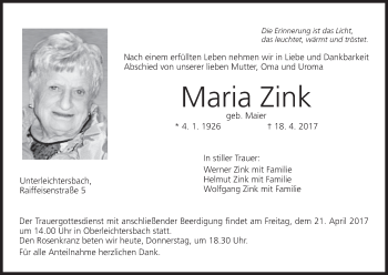 Anzeige von Maria Zink von MGO