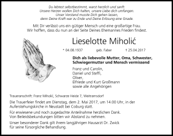 Anzeige von Lieselotte Miholic von MGO