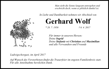 Anzeige von Gerhard Wolf von MGO