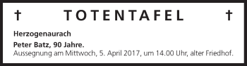 Anzeige von Totentafel vom 03.04.2017 von MGO
