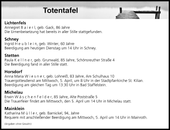 Anzeige von Totentafel vom 01.04.2017 von MGO