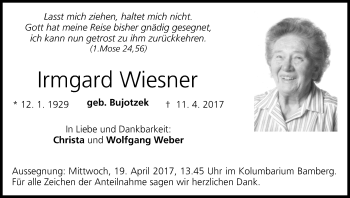 Anzeige von Irmgard Wiesner von MGO