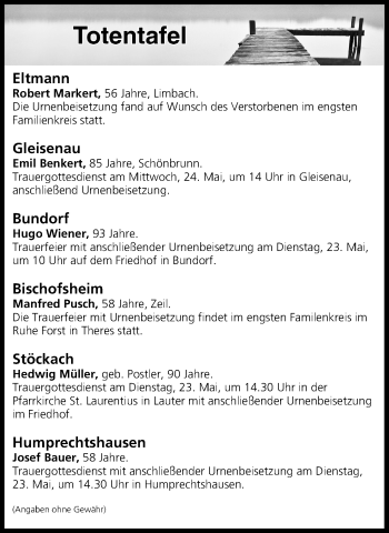 Anzeige von Totentafel vom 23.05.2017 von MGO