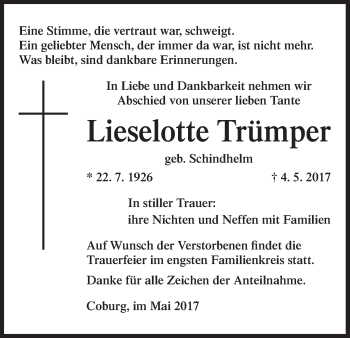 Anzeige von Lieselotte Trümper von MGO