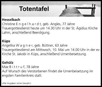 Anzeige von Totentafel vom 09.05.2017 von MGO