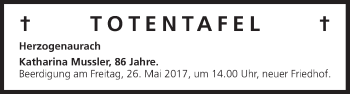 Anzeige von Totentafel vom 24.05.2017 von MGO