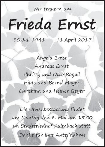 Anzeige von Frieda Ernst von MGO