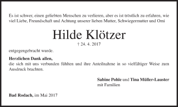 Anzeige von Hilde Klötzer von MGO