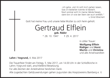 Anzeige von Gertraud Elflein von MGO