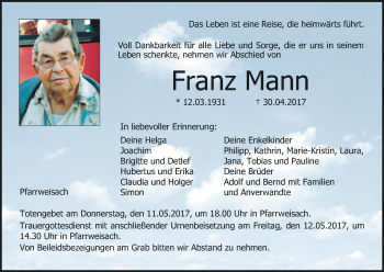Anzeige von Franz Mann von MGO