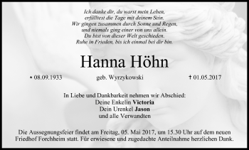 Anzeige von Hanna Höhn von MGO