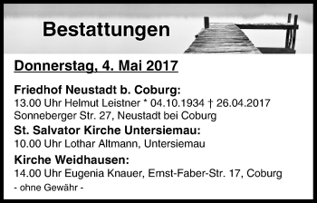 Anzeige von Bestattungen vom 04.05.2017 von MGO