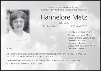Anzeige von Hannelore Metz von MGO