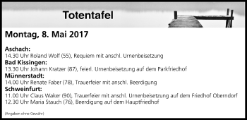 Anzeige von Totentafel vom 08.05.2017 von MGO