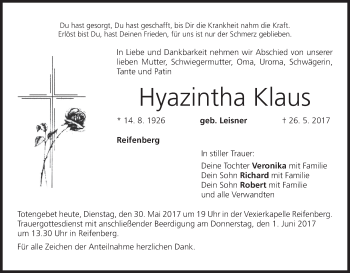 Anzeige von Hyazintha Klaus von MGO