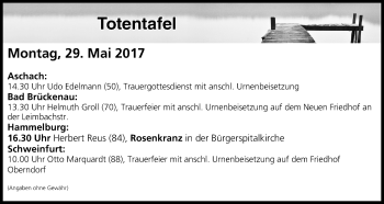 Anzeige von Totentafel vom 29.05.2017 von MGO