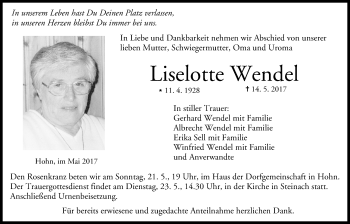 Anzeige von Liselotte Wendel von MGO