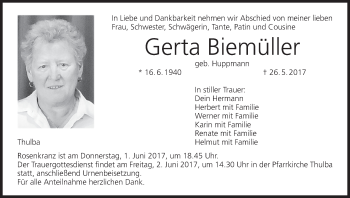 Anzeige von Gerta Biemüller von MGO