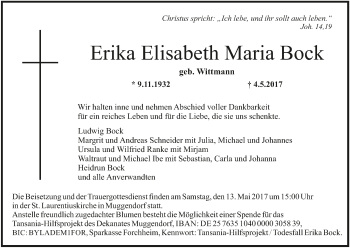 Anzeige von Erika Elisabeth Maria Bock von MGO