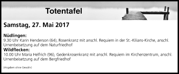 Anzeige von Totentafel vom 27.05.2017 von MGO