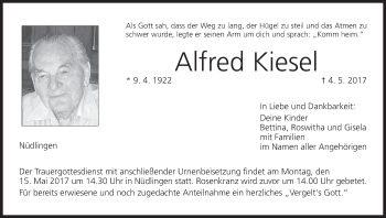 Anzeige von Alfred Kiesel von MGO