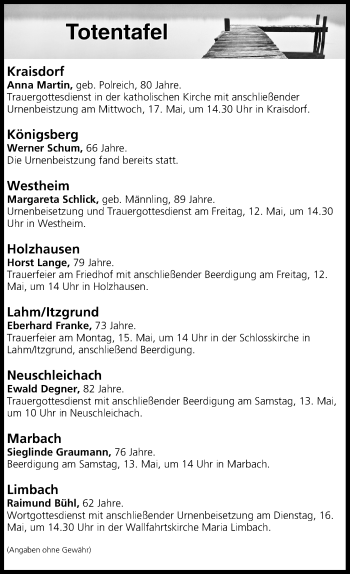 Anzeige von Totentafel vom 12.05.2017 von MGO