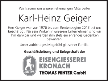 Anzeige von Karl-Heinz Geiger von MGO