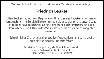 Anzeige von Friedrich Leuker von MGO