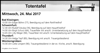 Anzeige von Totentafel vom 24.05.2017 von MGO
