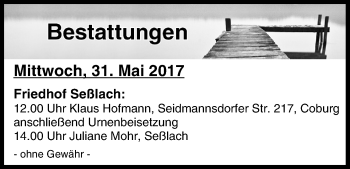 Anzeige von Bestattungen vom 31.05.2017 von MGO