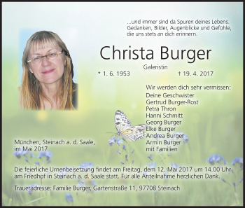 Anzeige von Christa Burger von MGO