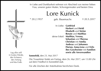 Anzeige von Lore Kunick von MGO