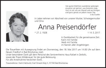 Anzeige von Anna Preisendörfer von MGO