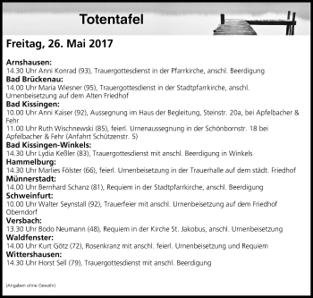 Anzeige von Totentafel vom 26.05.2017 von MGO