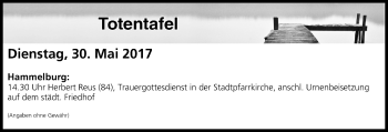 Anzeige von Totentafel vom 30.05.2017 von MGO